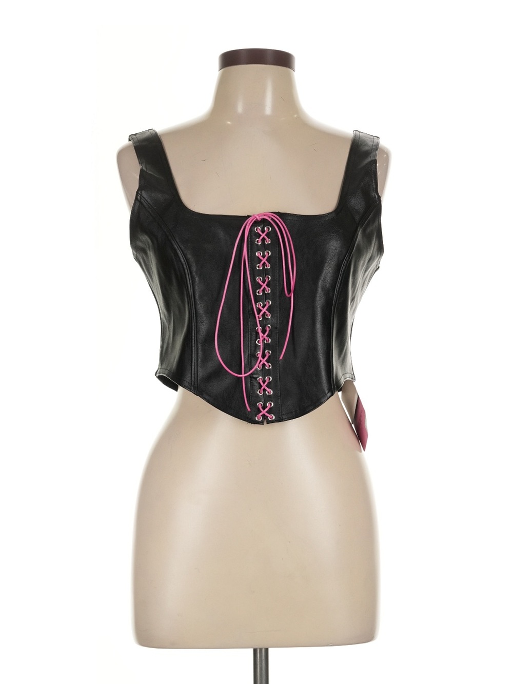 Blackmilk Black Faux Leather Corset Crop Top with Pink Lace-Up